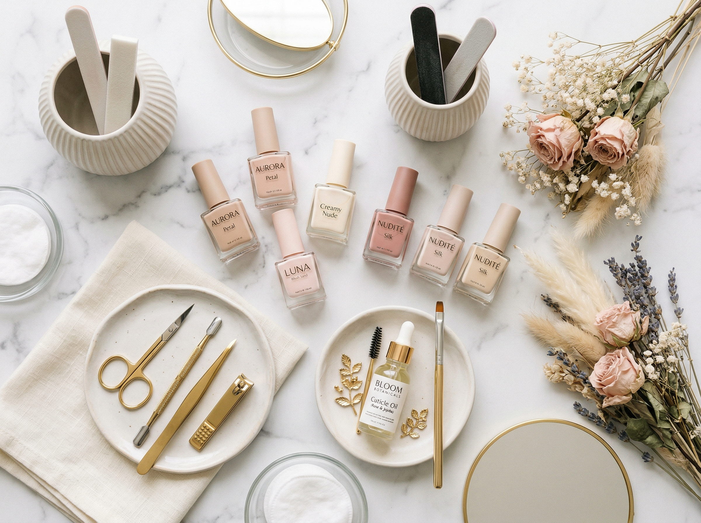 Nail technician tools and polish bottles on marble surface