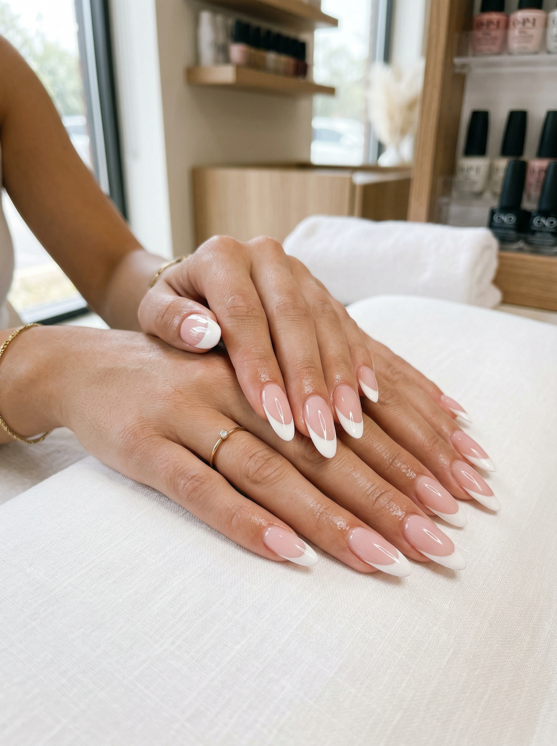 Long almond acrylic nails with French tip design