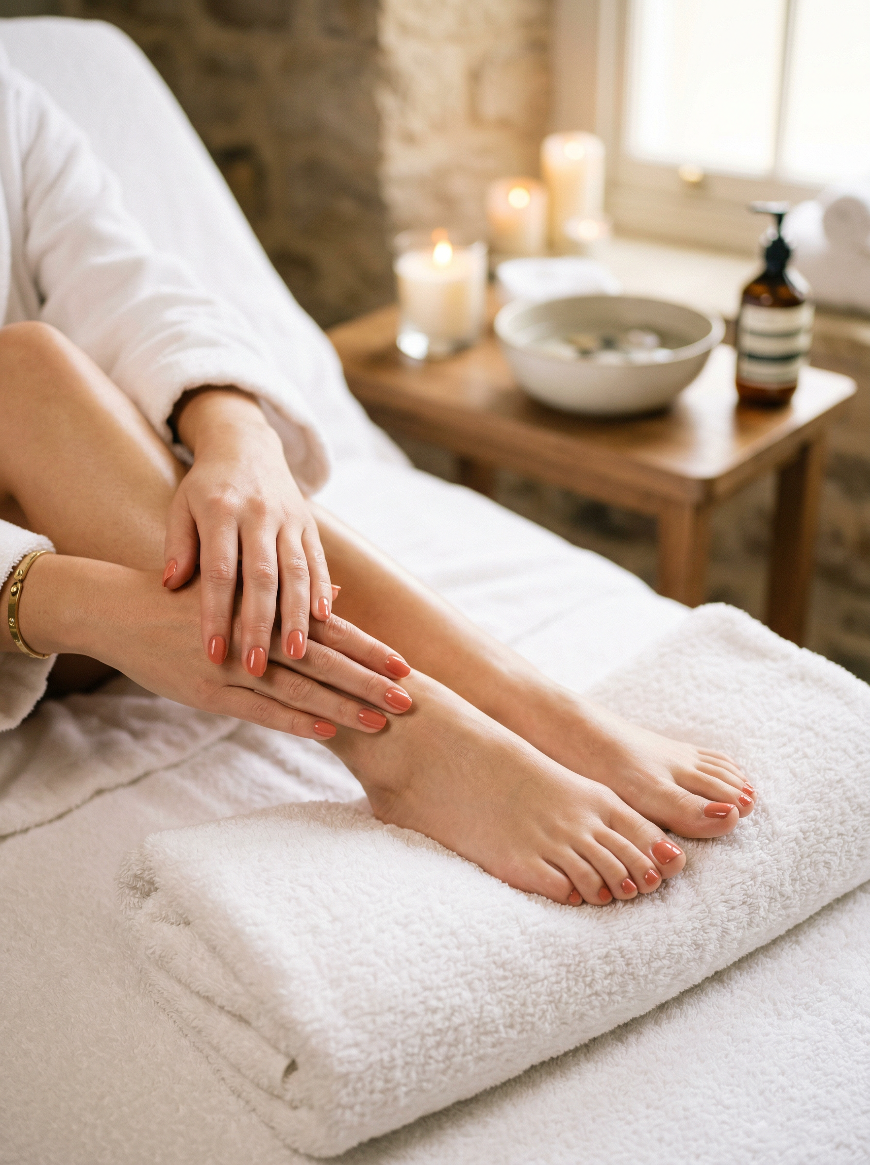 Matching manicure and pedicure in coral terracotta